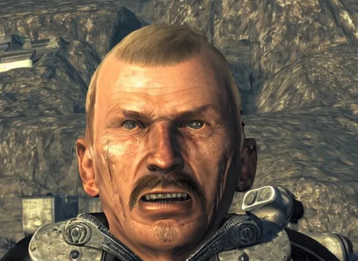 Prompt: Close up screenshot of Janusz Korwin-Mikke centered on his face in the game Fallout: New Vegas (2010), screenshot from Fallout: New Vegas (2010)