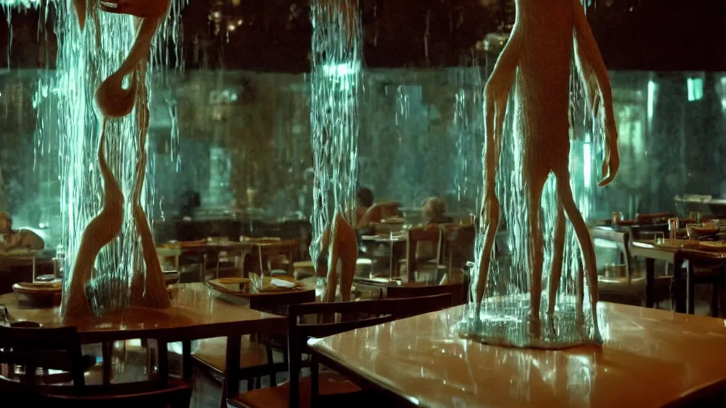 Image similar to the tall strange creature helps customers in the restaurant, made of water, film still from the movie directed by Denis Villeneuve with art direction by Salvador Dalí, wide lens