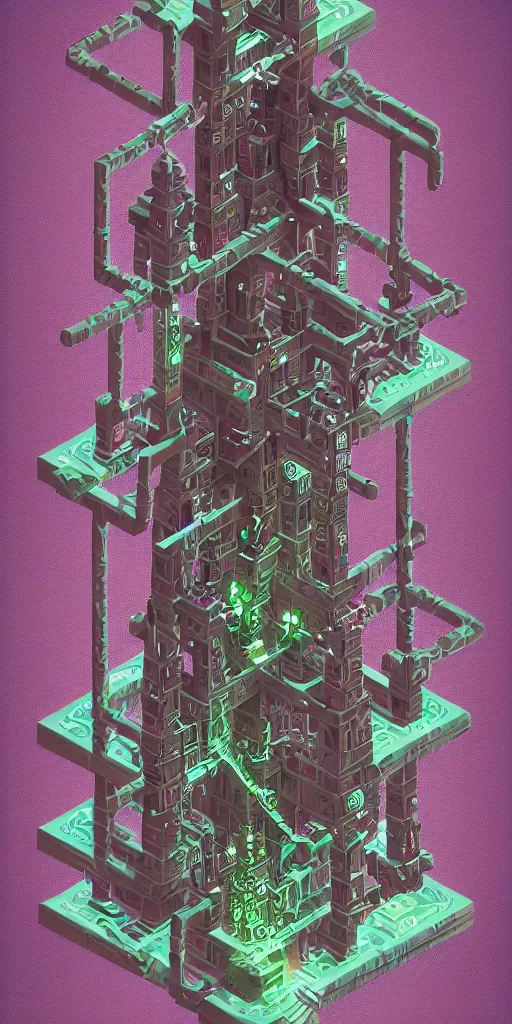 Image similar to isometric portrait of advanced alien, his last moment, mystical, magicavoxel intricate ornamental tower floral flourishes, technology meets fantasy, map, infographic, concept art, art station, style of monument valley, giger, wes anderson