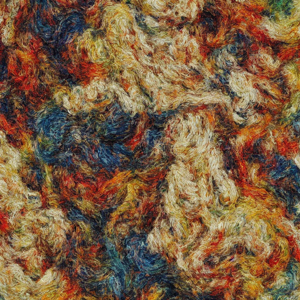 Prompt: texture extremely knotted mess of knitting wool high relief painting ,in the style of the old masters, painterly, thick heavy impasto, expressive impressionist style, painted with a palette knife