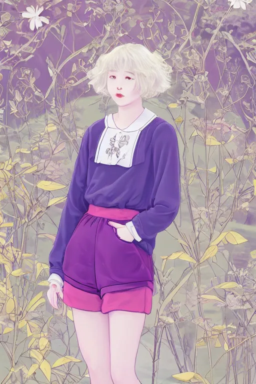 Prompt: Portrait of Eunha from Viviz and gFriend with short hair wearin purple overall shorts, short puffy pants, white tights, Golden Ribbon, and a billowy scarf. masterpiece 4k digital illustration, award winning, Artstation, intricate details, realistic, panoramic view, Hyperdetailed, 8k resolution, intricate art nouveau