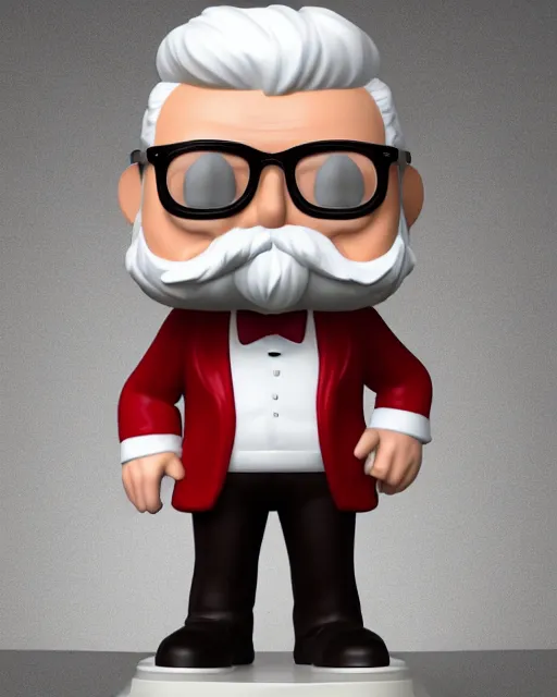 Prompt: full body 3 d render of col sanders as a funko pop!, four, studio lighting, white background, single body, no shadow, blender, trending on artstation, 8 k, highly detailed