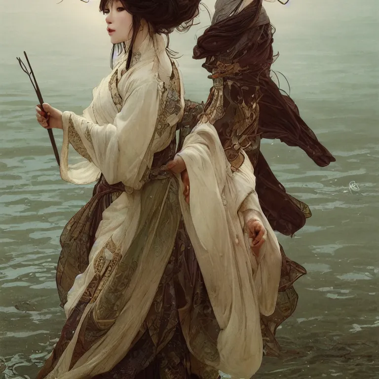 Image similar to portrait of a beautiful seductive slightly plump european girl wearing hanfu walking on water, farm background, fantasy, d & d, dark eyeliner, intricate, elegant, highly detailed, digital painting, artstation, concept art, matte, sharp focus, illustration, art by greg rutkowski and alphonse mucha