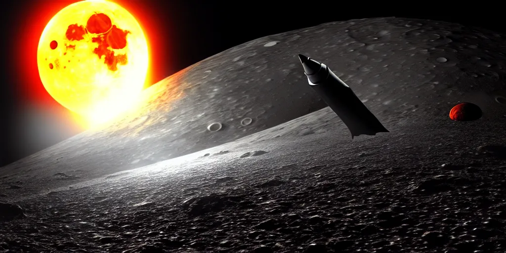 Image similar to giant <Cthulhu> silhouetted lunar surface crushing attacking redspaceship missile jet fighter with explosion, photorealistic, wide-angle, long shot, epic, space, lunar backdrop