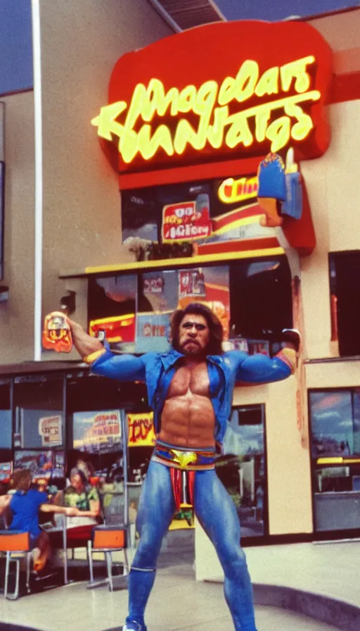 Image similar to a photograph of the ultimate warrior flexing at a 8 0 s burger king, kodachrome, cinecolor, 8 k, high resolution,