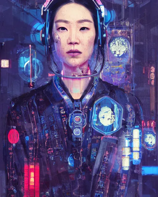 Prompt: detailed portrait Dr. Catherine Chun , cyberpunk futuristic neon, reflective deep blue coats, decorated with traditional chinese ornaments, underwater station Pathos behind by Ismail inceoglu dragan bibin hans thoma greg rutkowski Alexandros Pyromallis Nekro Rene Maritte Illustrated, Perfect face, fine details, realistic shaded, fine-face, pretty face