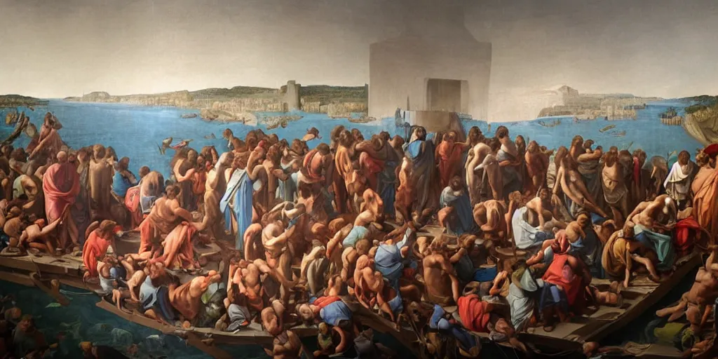 Image similar to a mix between the last supper, the raft of the medusa and the school of athens, matte painting, oil canvas, photorealistic illustration, extreme detail, hyper realistic, highly detailed, digital art