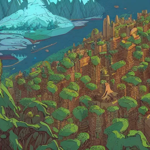 Image similar to cell shaded adult animation, a birds eye view overlooking a walled off ancient fantasy city being attacked by horrific monsters, surrounded by mountains and trees of greens and browns, rivers, concept art by josan gonzales and wlop, Laurie Greasley, Bekinski and james jean, highly detailed, sharp focus, Trending on Artstation, HQ, deviantart, art by artgem