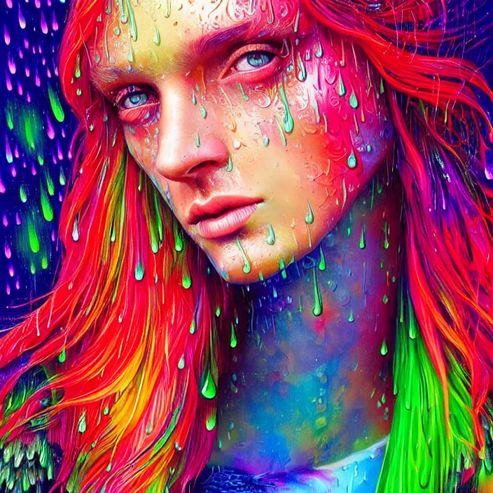 Image similar to bright psychedelic portrait with rain on face and wet hair, wings, smiling, diffuse lighting, fantasy, intricate, elegant, highly detailed, lifelike, photorealistic, digital painting, artstation, illustration, concept art, smooth, sharp focus, art by John Collier and Albert Aublet and Krenz Cushart and Artem Demura and Alphonse Mucha