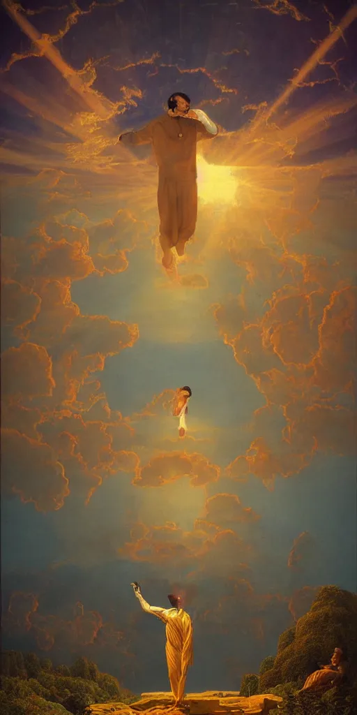 Prompt: symmetry!! god smoking a joint in a surreal landscape of a dream, lucid dream, people, very detailed, serene, peaceful, golden hour, perfect lighting, perfect composition, digital art, illustration, frederic edwin church, tom white, 4 k