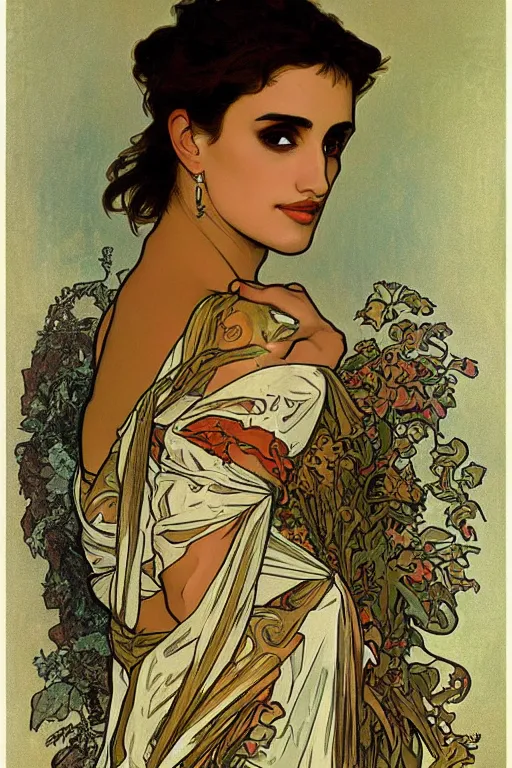 Image similar to portrait of penelope cruz, artwork by alphonse mucha