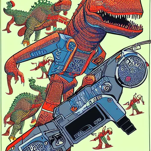 Image similar to detailed intricate colour illustration of a businessman with a laser pistol riding a mecha dinosaur, in the style of Geof Darrow