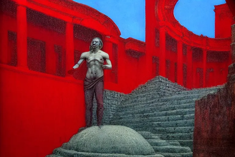 Image similar to only with red, a red melted emperor, taormina amphitheatre, crowd hails him happy, in the style of beksinski, parts by edward hopper, parts by rodcenko, parts by yue minjun, intricate and epic composition, red by caravaggio, insanely quality, highly detailed, masterpiece, red light, artstation, 4 k