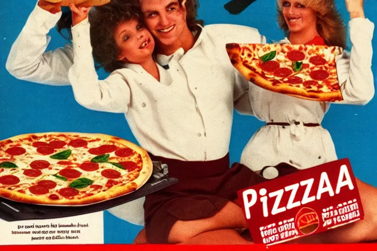 Prompt: pizza!!, 80s, advertisement