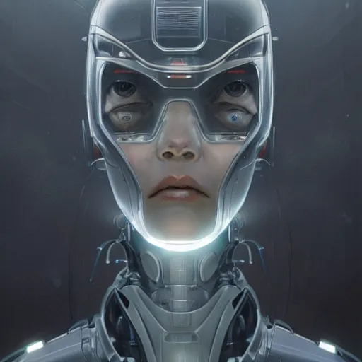 Image similar to detailed character concept art portrait of a detailed and hi - tech robot in an empty chamber, artstation, award - winning realistic sci - fi concept art by greg rutkowski and yoshitaka amano, in the style of moebius, realism masterpiece.