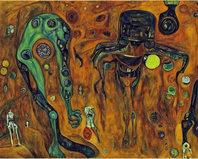 Image similar to a painting of a aliens and robots by graham sutherland, egon schiele!, gustav klimt, expressionism