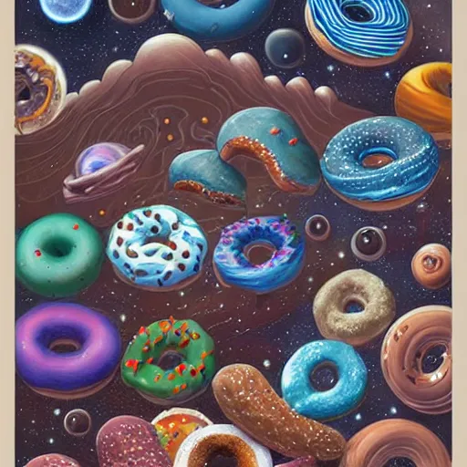 Image similar to a highly detailed, beautiful illustration of cosmic donuts by james gurney, trending on artstation