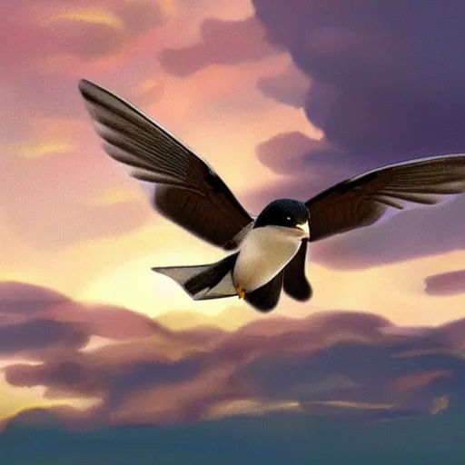 Prompt: a house martin flying in the sky, sunset, cute delichon urbicum, fluffy clouds, beautiful digital art, pixiv