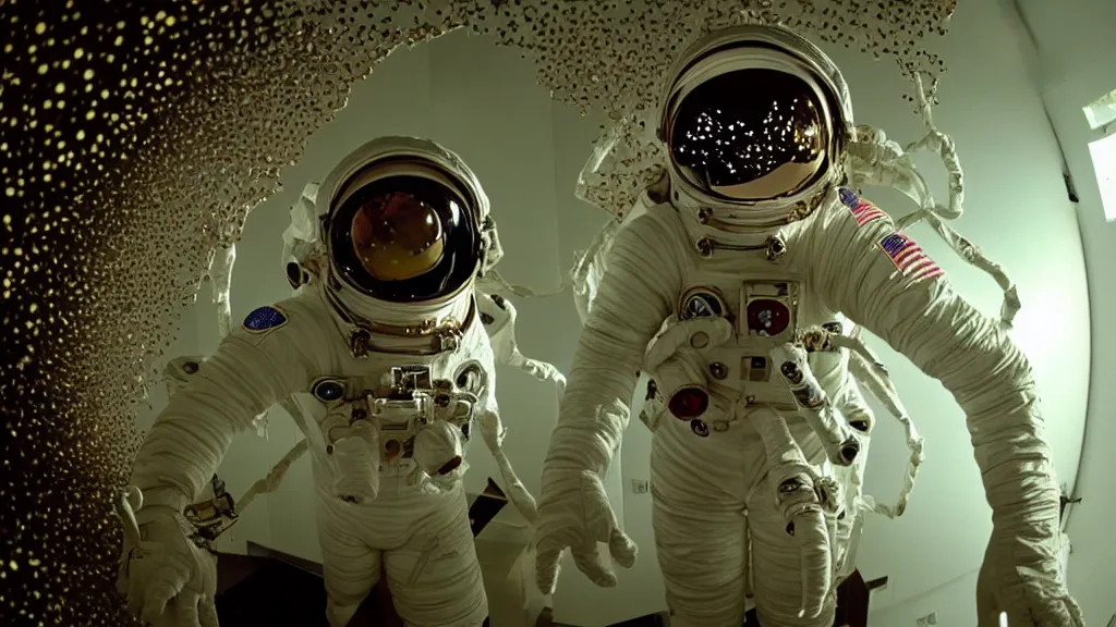 Image similar to a astronaut eva suit covered in diamond 3d fractal lace iridescent bubble 3d skin and covered with insectoid compound eye camera lenses floats through the living room, film still from the movie directed by Denis Villeneuve with art direction by Salvador Dalí, wide lens,