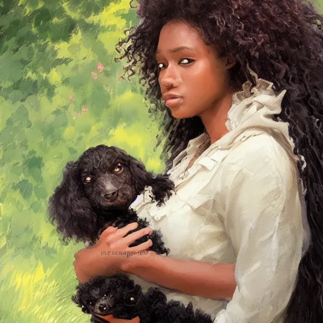 Prompt: 2 0 year old black woman with curly hair, with a small black puppy besides her, and a newborn baby in her arms, portrait, elegant, intricate, digital painting, artstation, concept art, smooth, sharp focus, illustration, art by konstantin korovin and daniel f. gerhartz and john howe