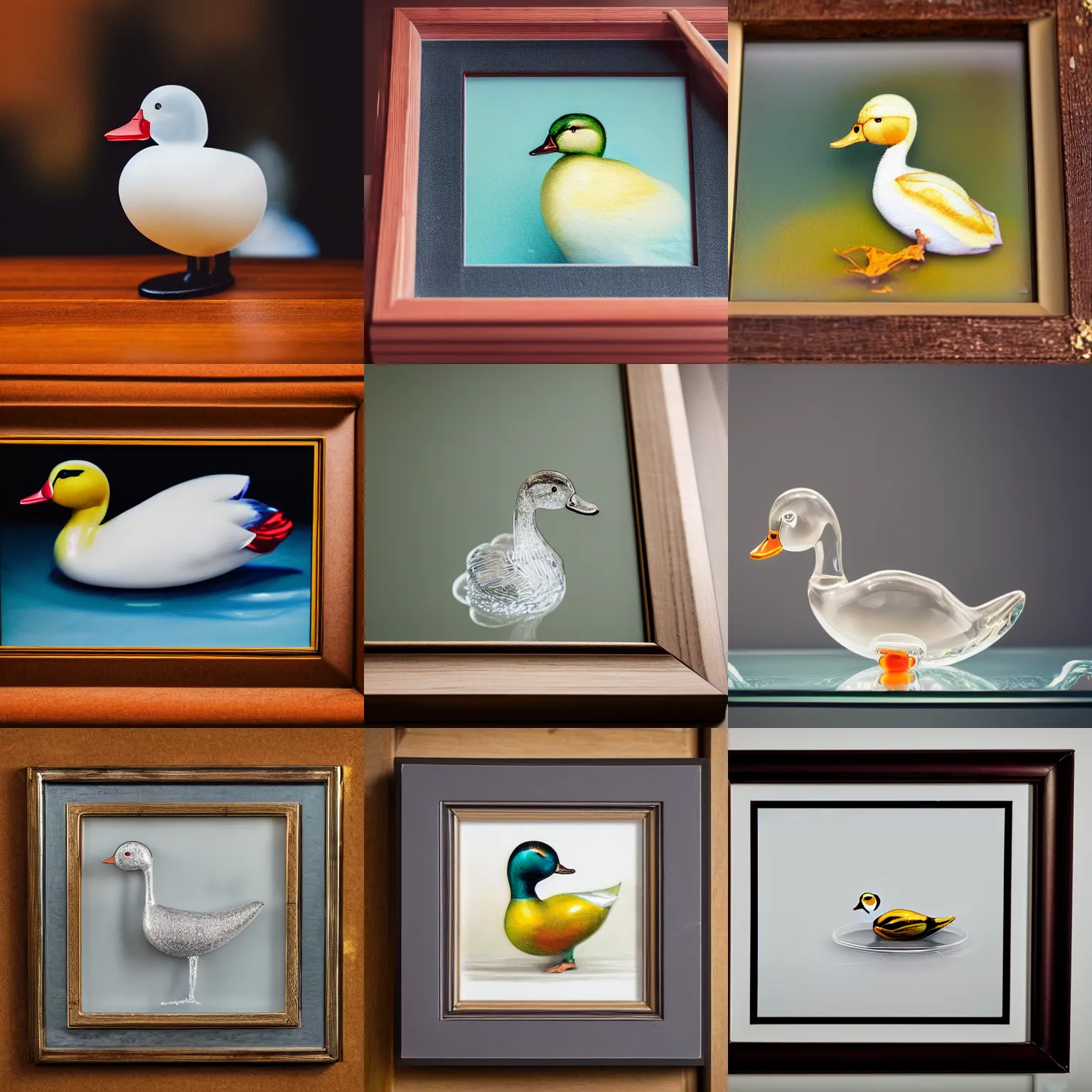 Prompt: a close up photo of a framed painting, a clear glass duck on a table, professional photography, sigma 8 5 mm f / 8