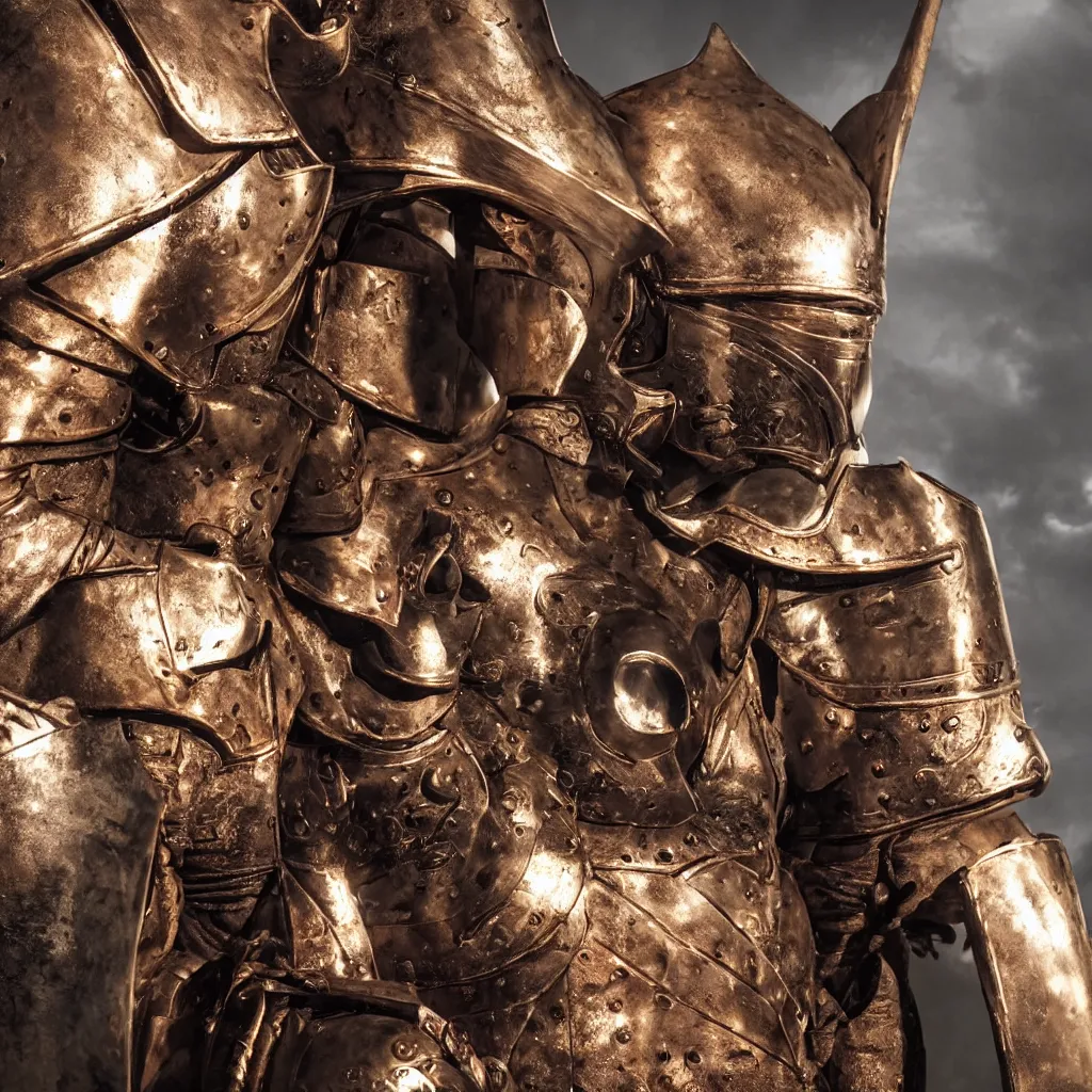 Image similar to of a photo of a knight character that has a helmet that is made of copper and gold, beautiful sculpted details, cinematic lighting, this knight is a war lord who roamed the fields in many battles, there is a faint red aura to him displaying a lot of power