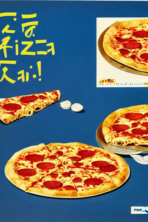 Prompt: pizza and pasta advertisment, still life, 1 9 7 0 s japan shouwa advertisement, print, nostalgic