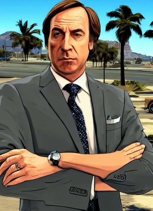 Prompt: saul goodman from better call saul in gta v los santos in background, palm trees. in the art style of stephen bliss.