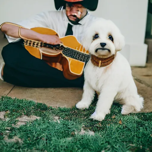 Prompt: a cream-colored Havanese dog dressed as a mariachi musician, playing the guitar, Leica 35mm, 4K