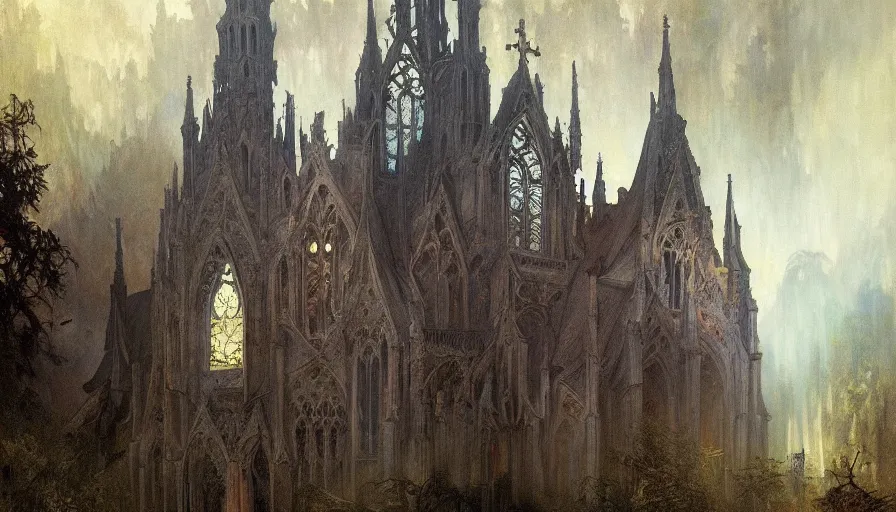 Image similar to a beautiful intricate painting of a abandoned gothic church, in dark evil fantasy forest, reflections, very high details by william turner art, greg rutkowski and alphonse mucha, trending on artstation, very very detailed, masterpiece,