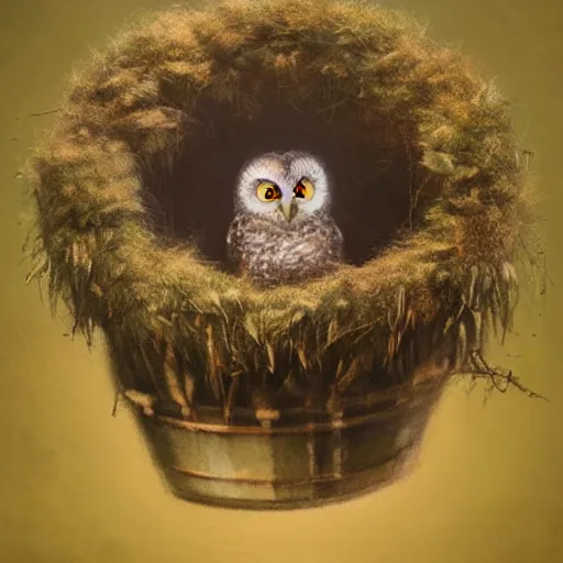 Image similar to long shot of a very fluffy cute owl chick nesting in a cup, esao andrews, by m. w. kaluta, humorous illustration, hyperrealistic, tilt shift, warm colors, night scenery, low light, 3 d octane render, 4 k, volumetric lights, smooth, cosy atmosphere, conceptart, hyperdetailed, trending on deviantart