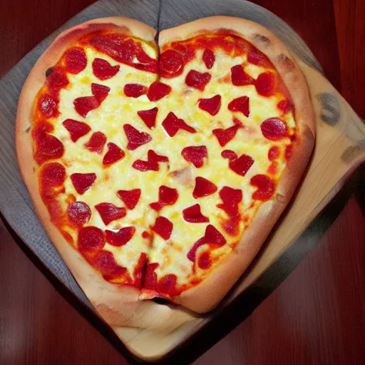 Prompt: heart shaped magerhita pizza with alot of cheese, 4 - 5 cherry tomata served on a wooden plate