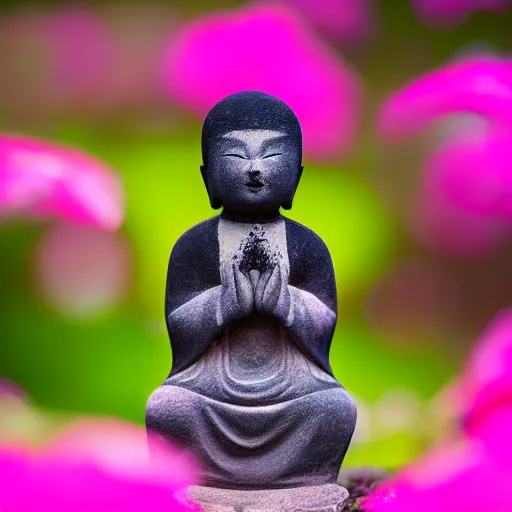 Prompt: photo of small jizo statue in a garden, high detail, cinematic, cute, beautiful lighting, 1 flower,