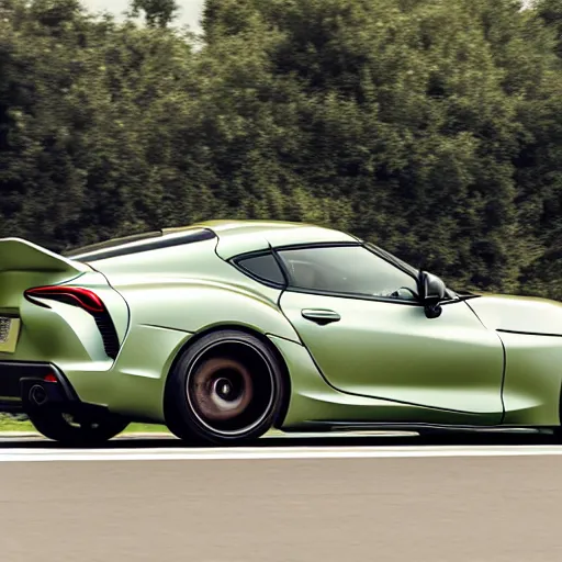 Image similar to Matte olive green Toyota Supra mk5 on highway, hyper realistic, car photography, 8k,