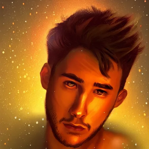 Image similar to man portrait surrounded by fireflies, artstation