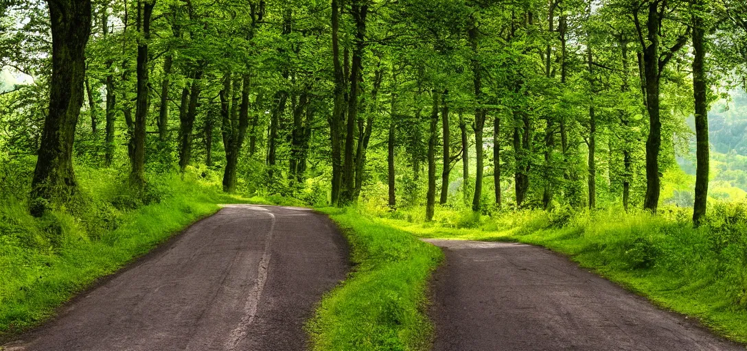 Image similar to The landscape of a green hilly forest somewhere in Germany, a country road is visible, through which a deer runs, ultra detailed