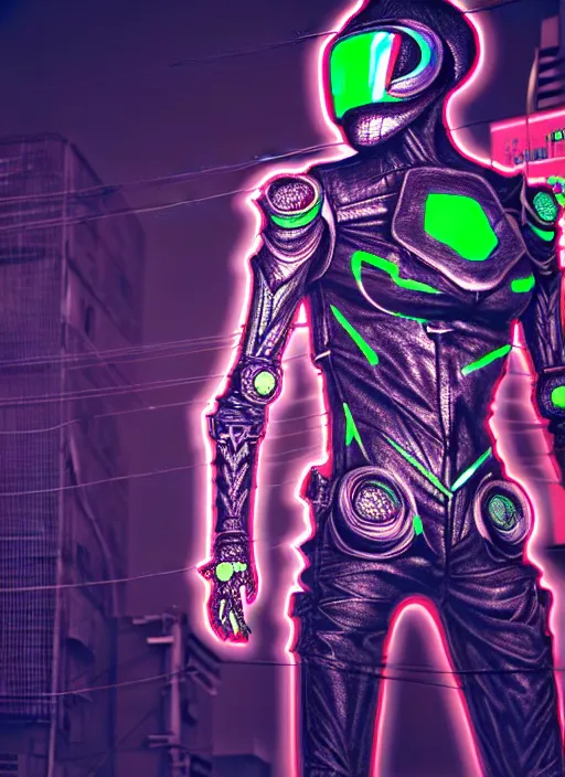 Prompt: kamen rider, human structure insects concept art, intricate detail, hyperrealistic art and illustration by irakli nadar and alexandre ferra, global illumination, at tokyo cyberpunk neon light night