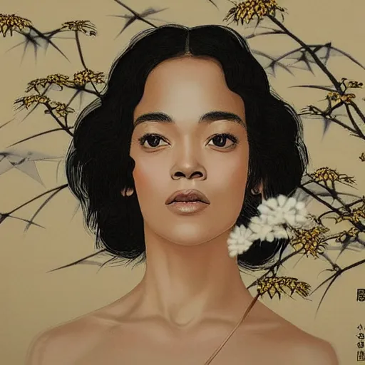 Image similar to “ tessa thompson portrait by ikenaga yasunari and ayana otake and ko rakusui, 6 0 s poster, drawing, realistic, sharp focus, japanese, dreamy, nostalgia, faded, golden hues, floral clothes, porcelain skin ”