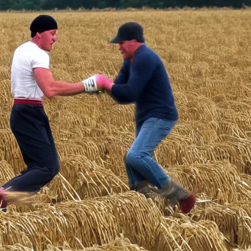 Image similar to rocky balboa punching joe biden in the middle of a corn maze