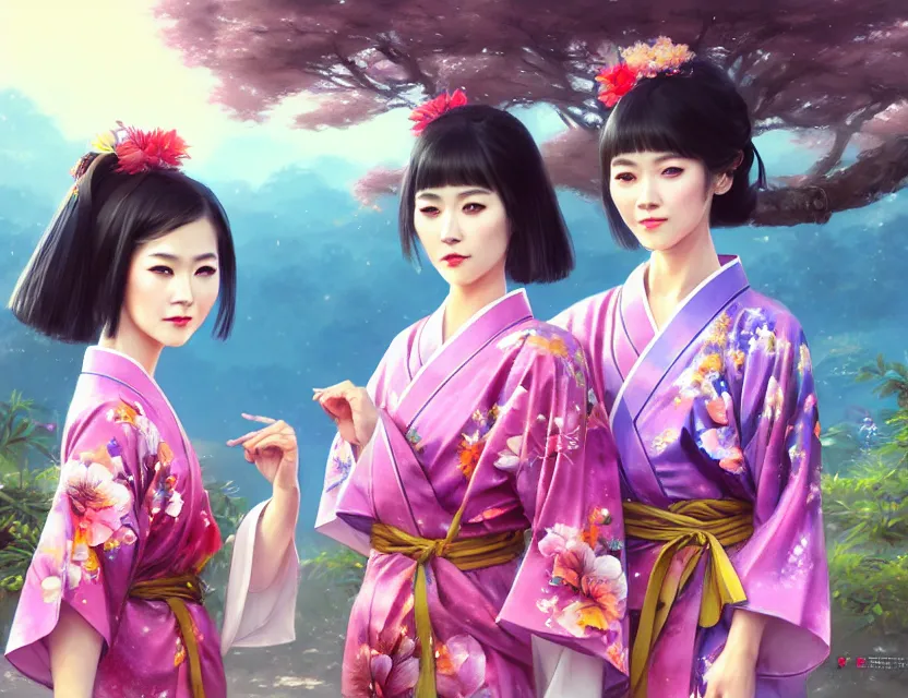 Image similar to two beautiful fashion taiwan girls wear fantasy yukata in festival | | big eyes, sunny, dreamlike art, realistic shaded, smile, good looking, fine details, 4 k realistic, cryengine, realistic shaded lighting poster by greg rutkowski, magali villeneuve, artgerm, jeremy lipkin and michael garmash and rob rey