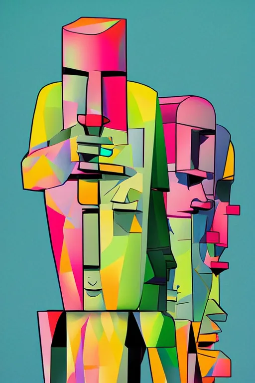 Image similar to cubist moai statue cutout digital illustration cartoon colorful beeple