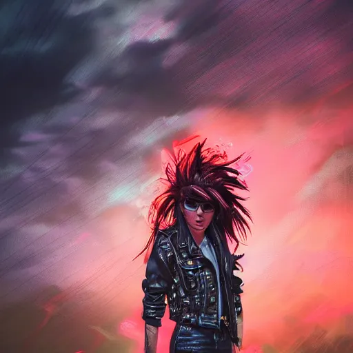 Image similar to splashes of neon clouds, mowhawk, suspenders, punk portrait made out of paint with rain in the background, trending on artstation, epic composition, emotional, beautiful, rendered in octane, highly detailed, realistic, comic book art, sharp focus, matte painting, unreal engine