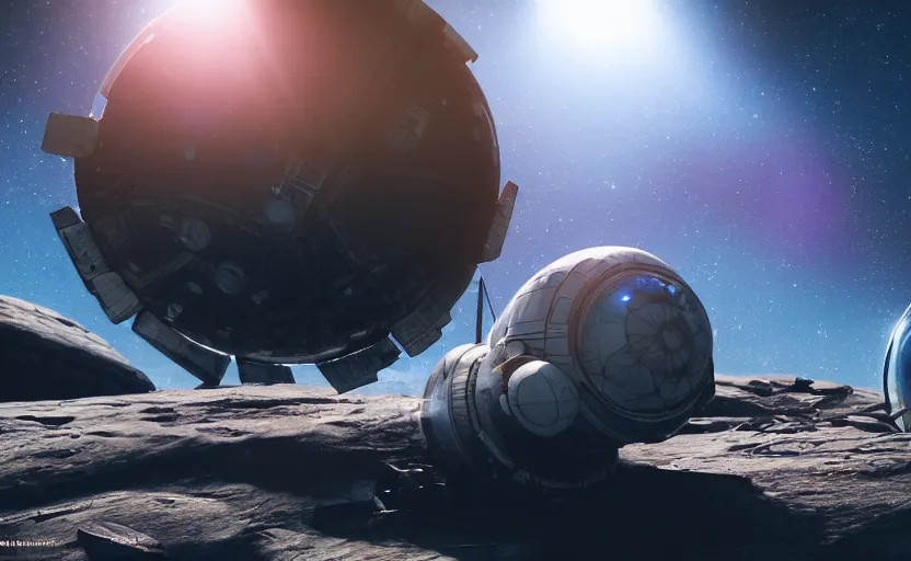 Image similar to photorealistic spaceship wreck on a remote planets surface. lens flare. light fixtures. 8K. detailed. photorealism. artstation. 25mm f/1.7 ASPH Lens. ultra realistic