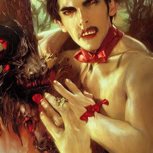 Image similar to attractive male fairy of the forest confesses his love to attractive male dracula the vampire. highly detailed painting by gaston bussiere, craig mullins, j. c. leyendecker 8 k