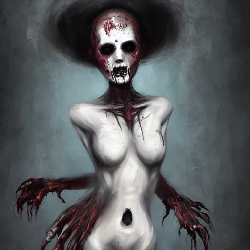 Prompt: pale necro beautiful bone girl, decaying rich bleeding colors!, digital painting, black void liminal realm, devianart, a picture taken by Michael Komarck and jason voorhees and freddy krueger