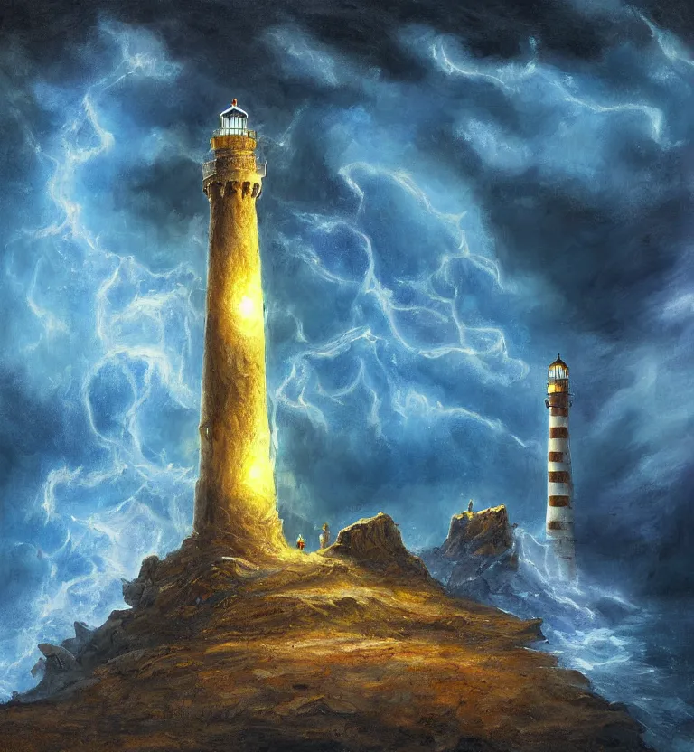 Image similar to medieval fantasy artwork. cliff with an ancient lighthouse on top. the lighthouse is enveloped by a column of blue swirling light. the sea at the bottom of the cliff ( rough sea ).