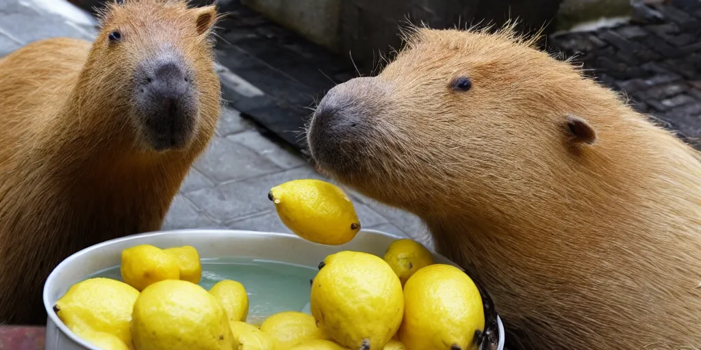 Image similar to capybara eating lemons, sitting in a tub of lemons, happy capybara