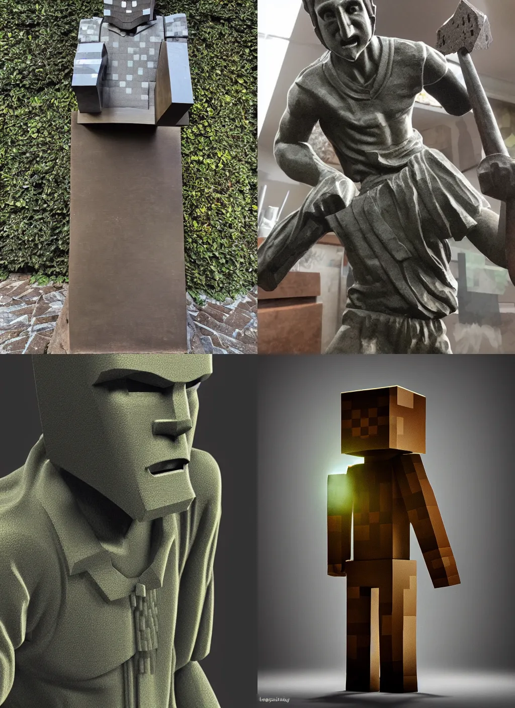 Prompt: detailed old bronze statue of minecraft steve, dramatic lighting