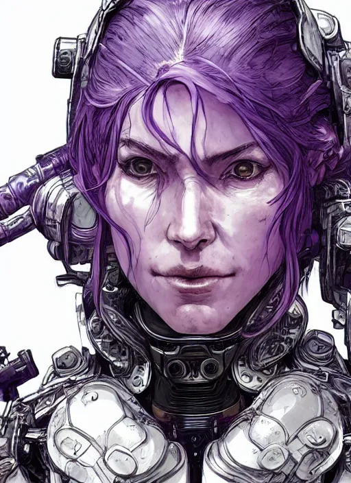 Prompt: close up portrait of a pale woman in power armor with intricate purple hair, powerful, domineering, stoic, masterful, intense, ultrafine hyperdetailed illustration by kim jung gi, irakli nadar, intricate linework, sharp focus, octopath traveler, yoji shinkawa, yoshitaka amano, concept art