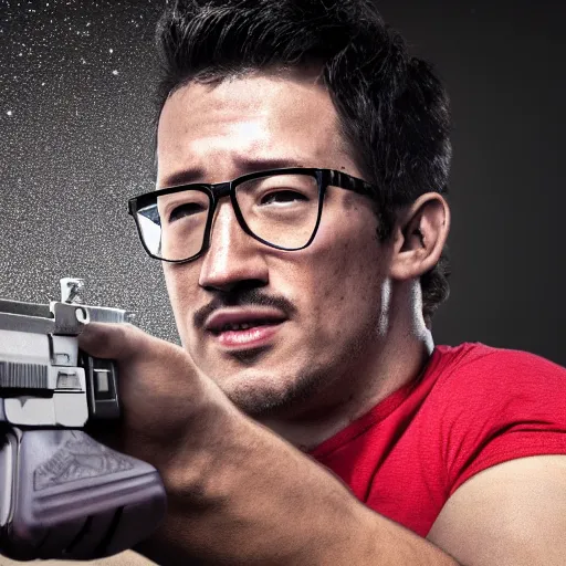 Image similar to markiplier with a desert eagle, 8 k, detailed, octane render, markiplier, pistol, youtube, thumbnail